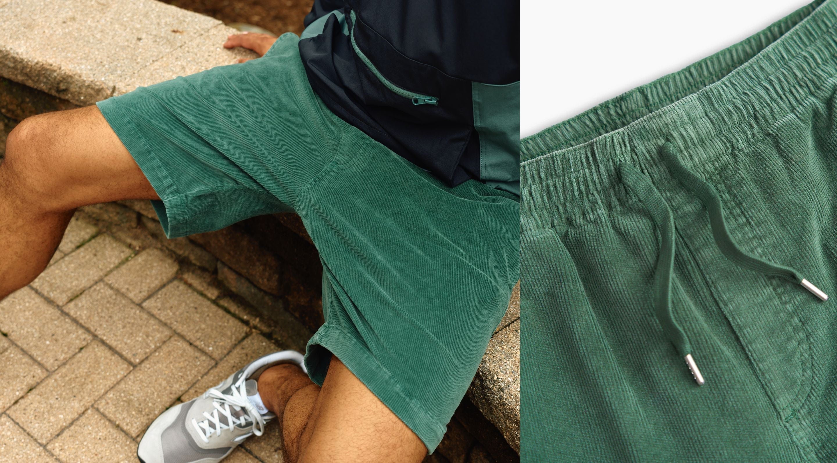 Man wearing light blue drawstring shorts stretching the fabric to show flexibility, with a close-up of the shorts' waistband and drawstring.