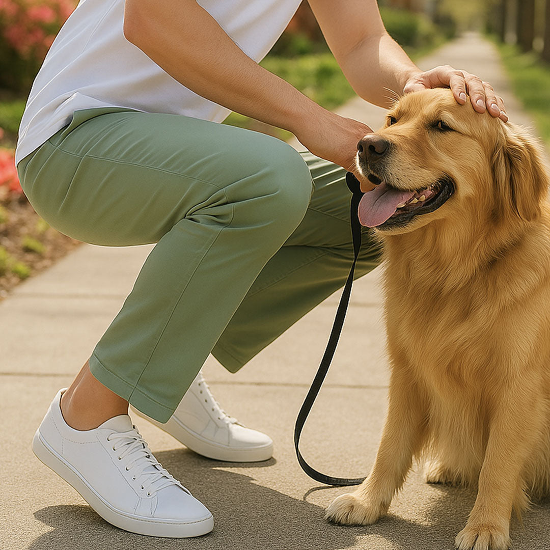 A person in green pants and white sneakers kneeling to pet a golden retriever on a sidewalk.