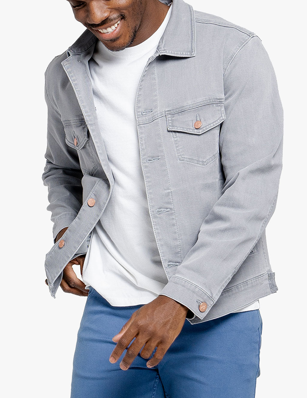 Johnnys Gray Stretch Denim Jacket Modern Fit Maximum Comfort Mugsy Jeans