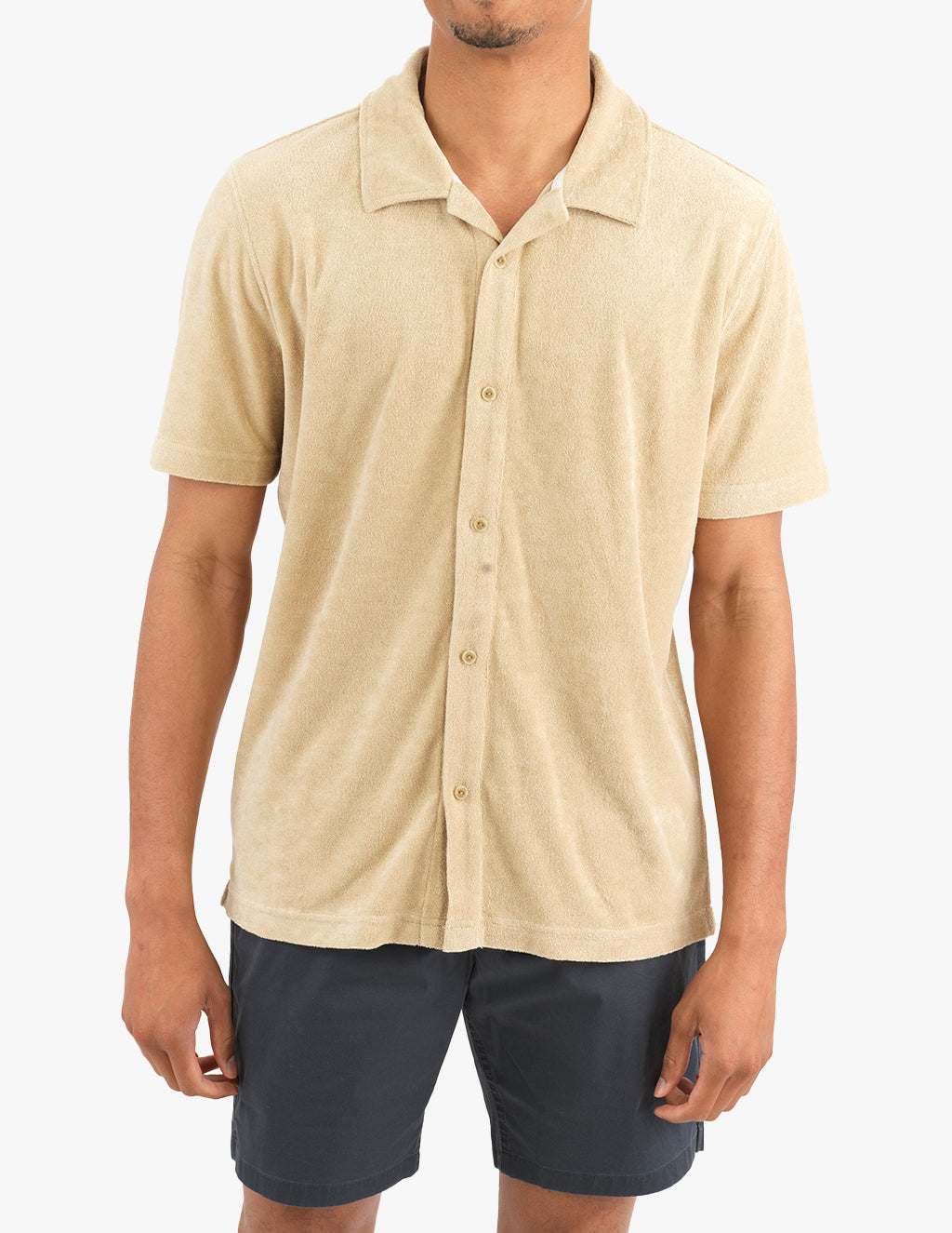 トップス maillot mature Cotton Pile Wide Trainer Men's Tan Stretch Terry Short Sleeve Shirt | Mugsy