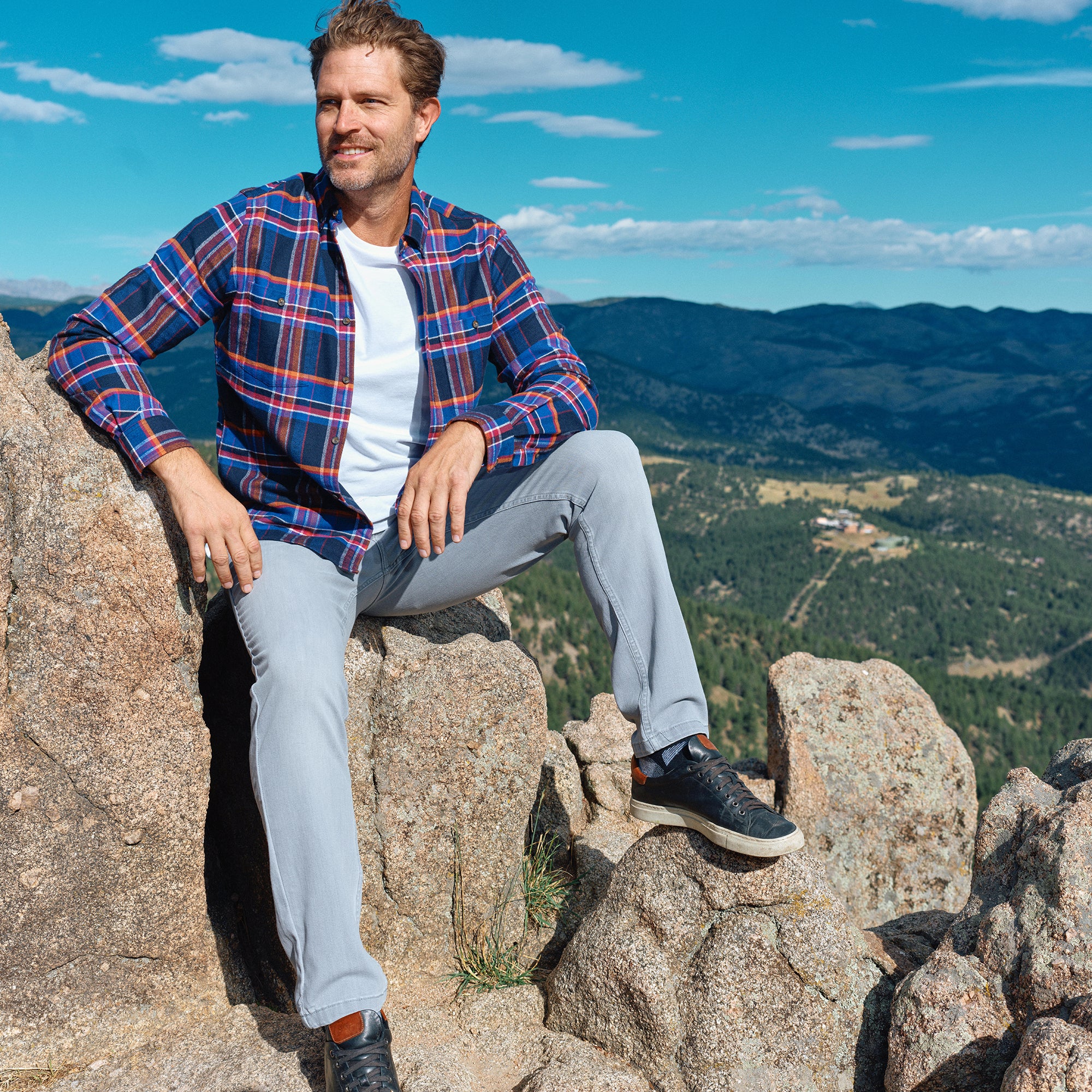 Man sitting on a rock in a plaid shirt and gray pants with mountains in the background