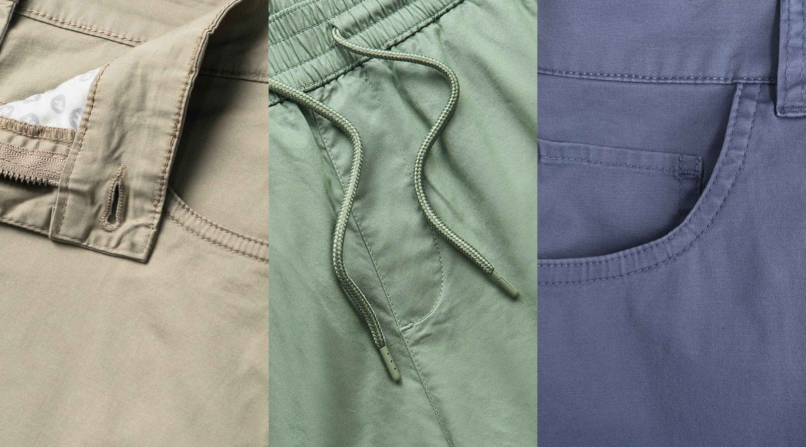 Three-panel close up of Summerweight twill pants showing beige waistband and fly, sage green elastic drawstring, and navy front pocket stitching