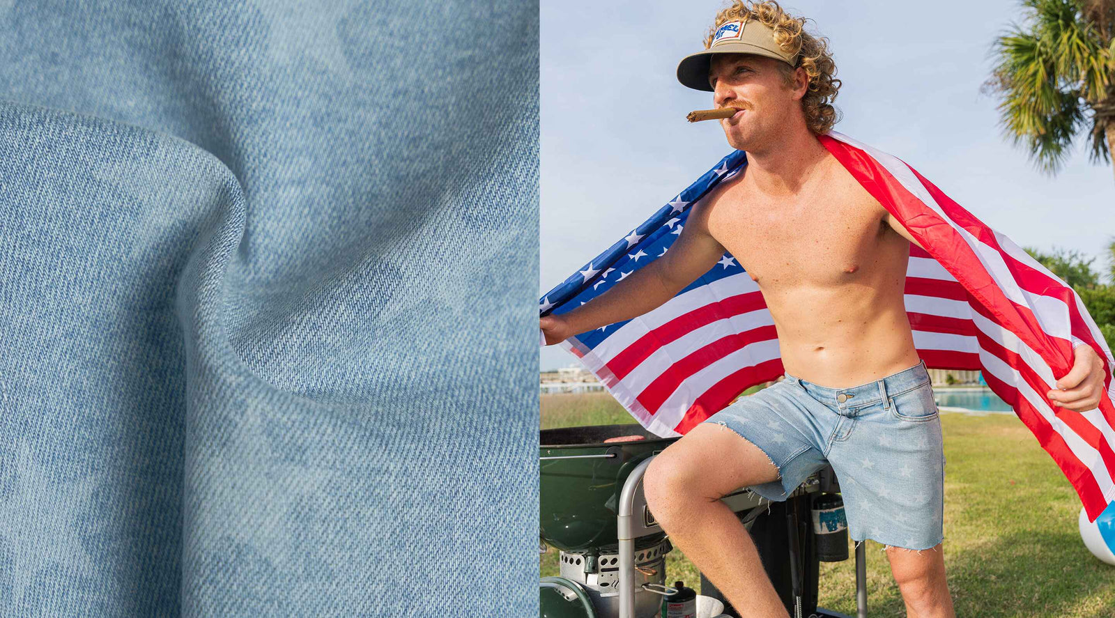 Shirtless man wearing denim shorts with stars, draped in an American flag, standing next to a grill; close-up of light blue denim fabric on the left.
