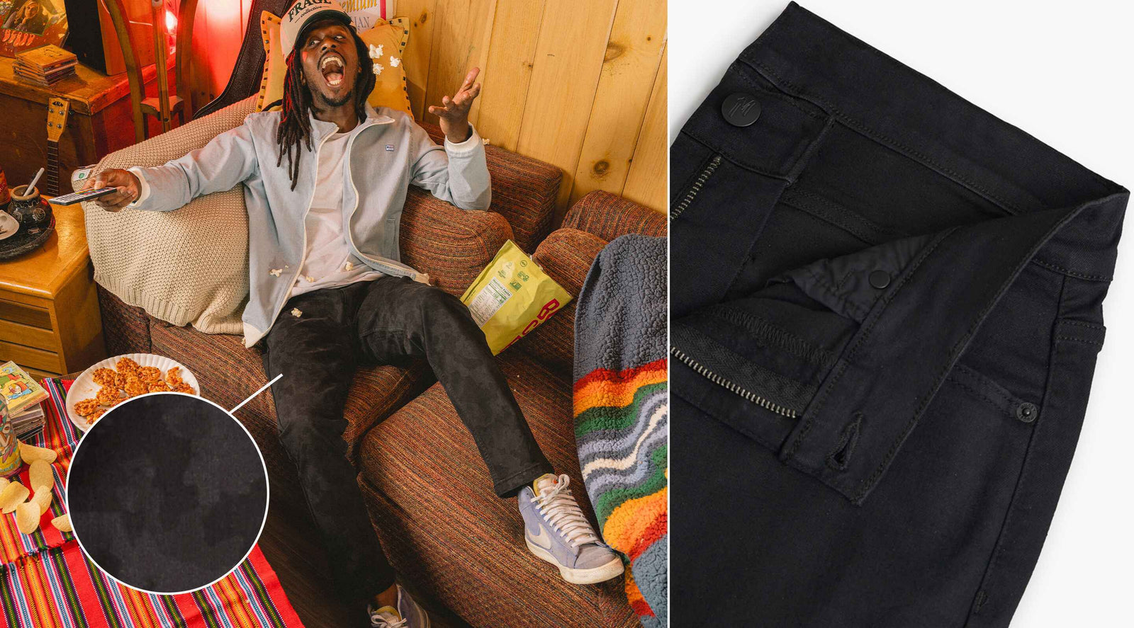 Man reclining on living-room couch wearing black blackout denim pants; inset close-up shows waistband, zipper, and button
