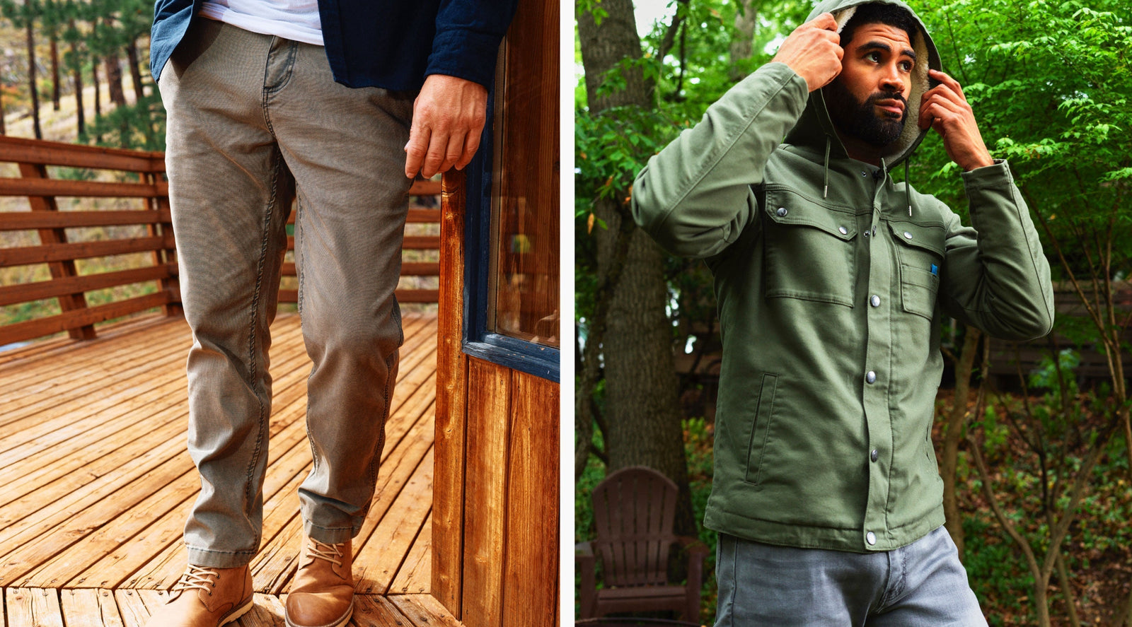 Left: lower body in tan pants and boots on a wooden deck; right: man pulling hood over a green jacket in a forested yard.