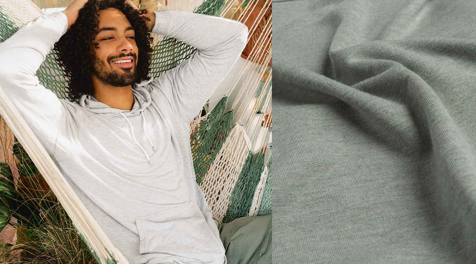 Charcoal hooded long-sleeve top worn by smiling model holding a drink, with matching charcoal fabric close-up.