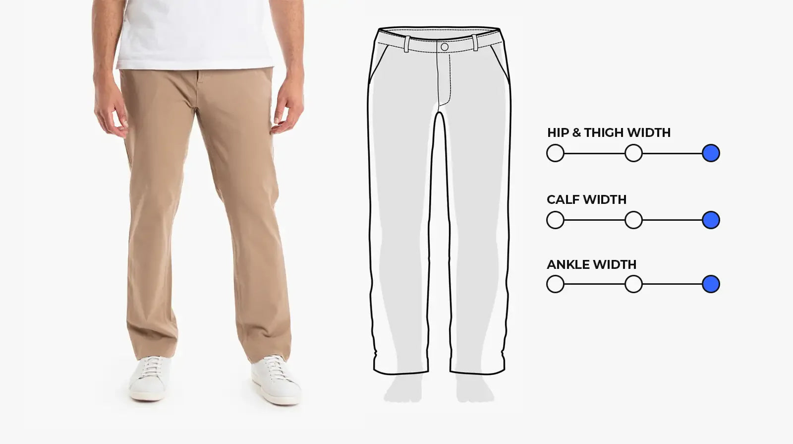 Front view of relaxed casual fit chinos on model with diagram showing Hip and Thigh Width, Calf Width, and Ankle Width bars indicating a roomier fit