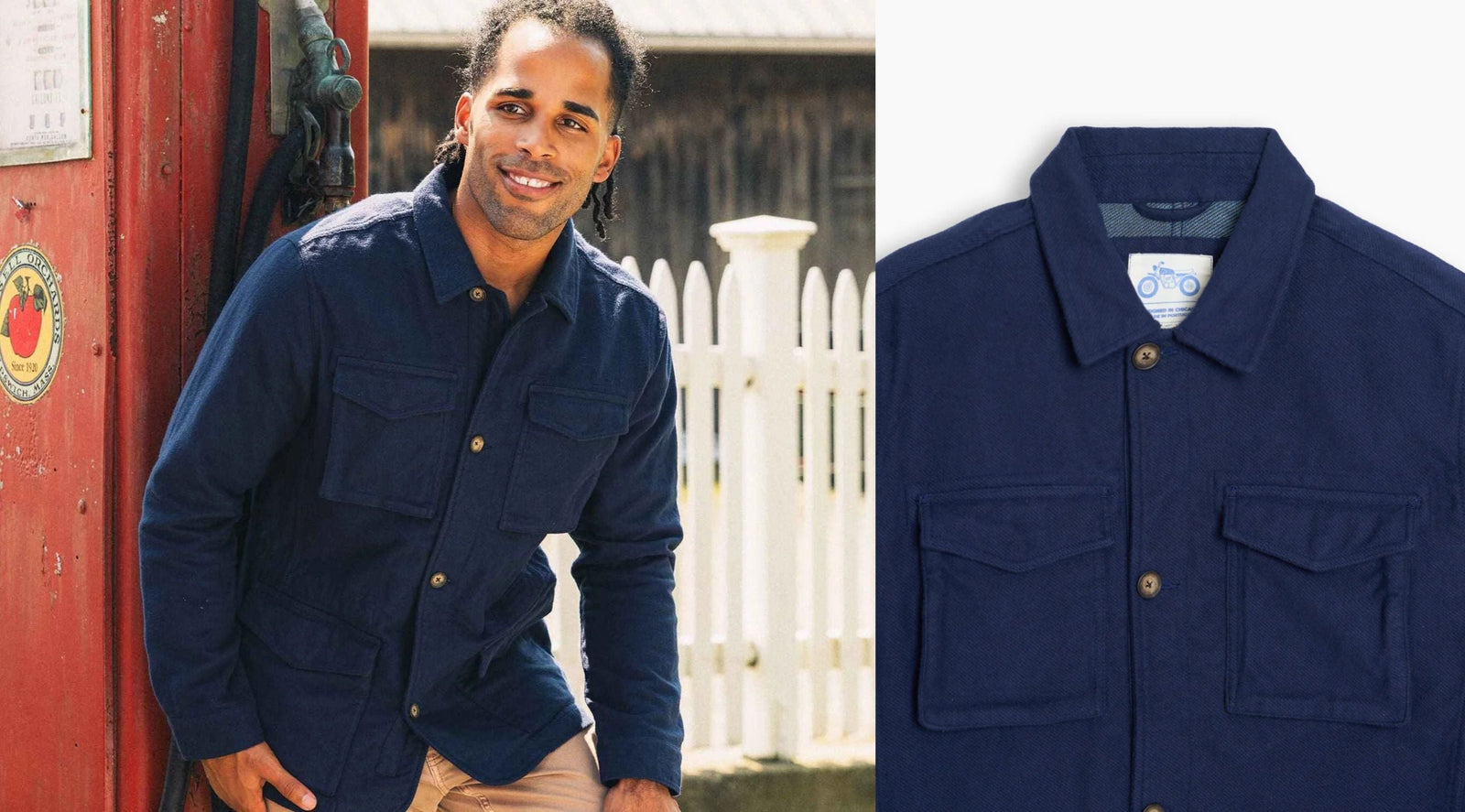 Model wearing navy chore jacket showcasing fit and chest flap pockets with flat-lay detail on white background