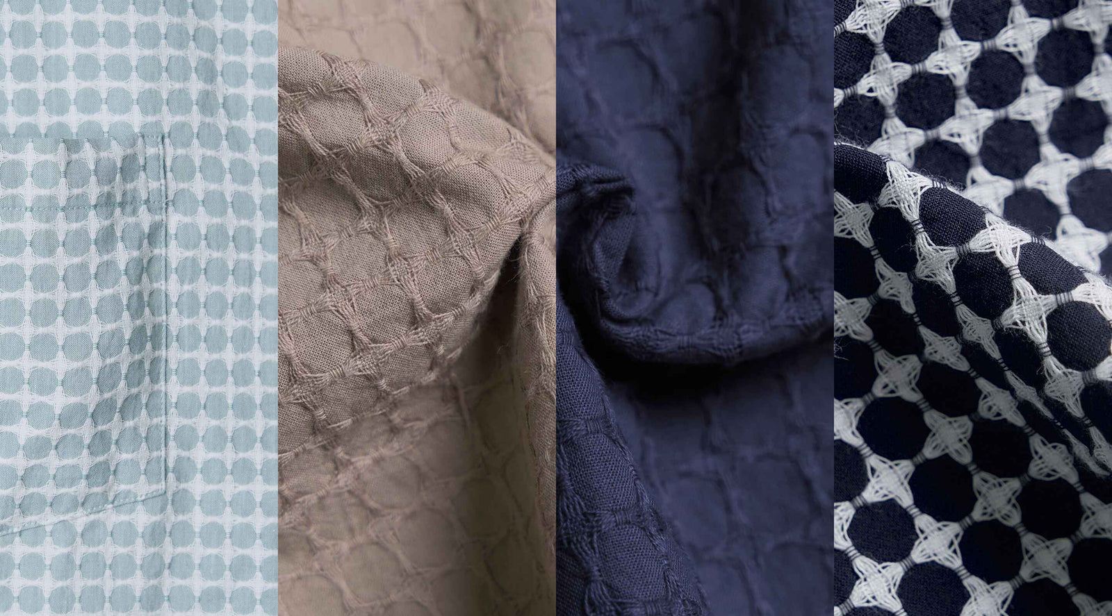 Four fabric swatches with circular textured patterns in light blue, beige, dark blue, and navy with white.