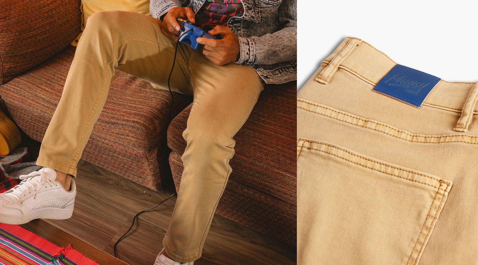 Person seated on couch playing a game, wearing tan jeans; inset close-up of tan jeans back pocket with blue Mavi JEANS tag