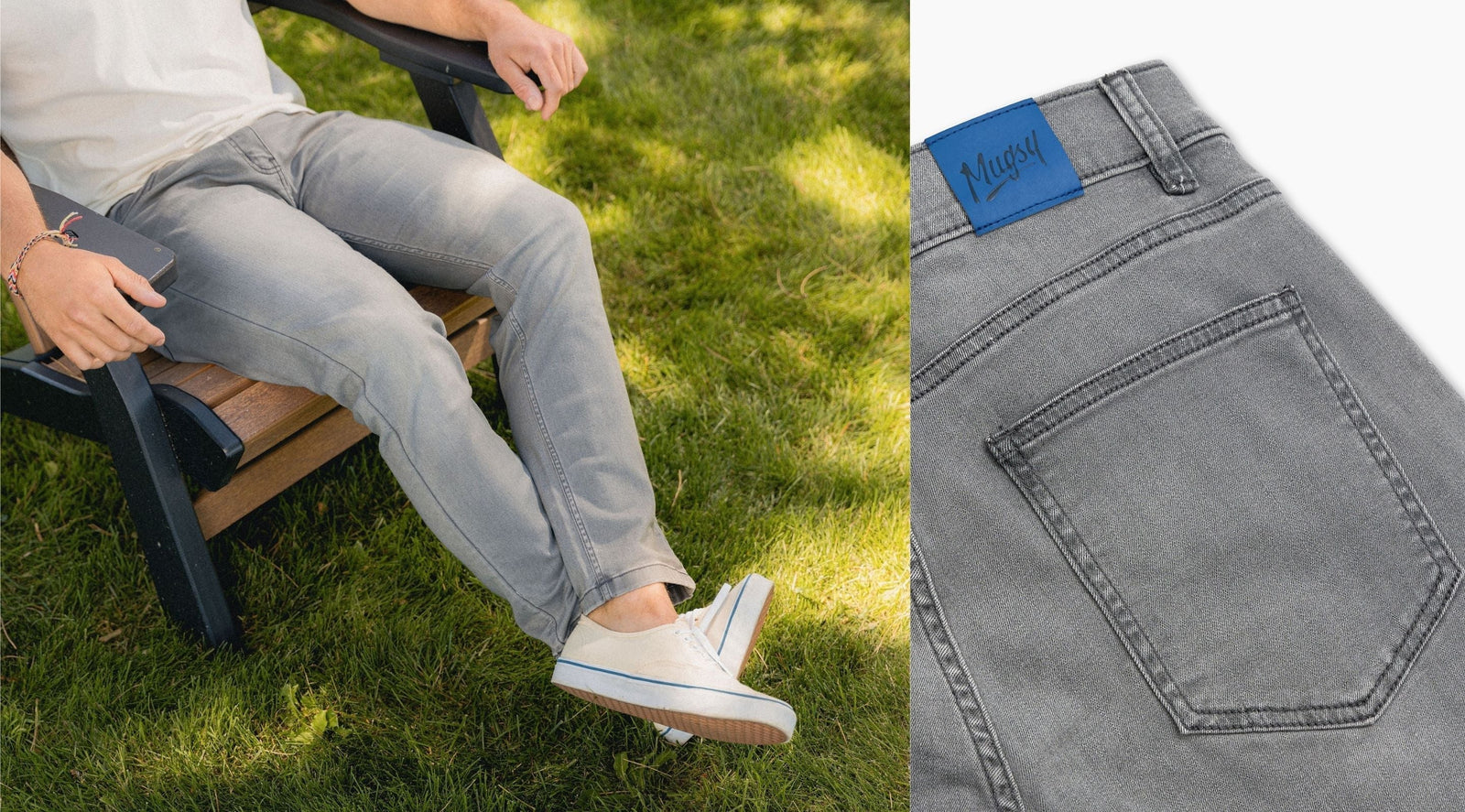 Seated person in light gray jeans and sneakers beside a close-up of gray jean back pocket labeled 'Mugsy'.