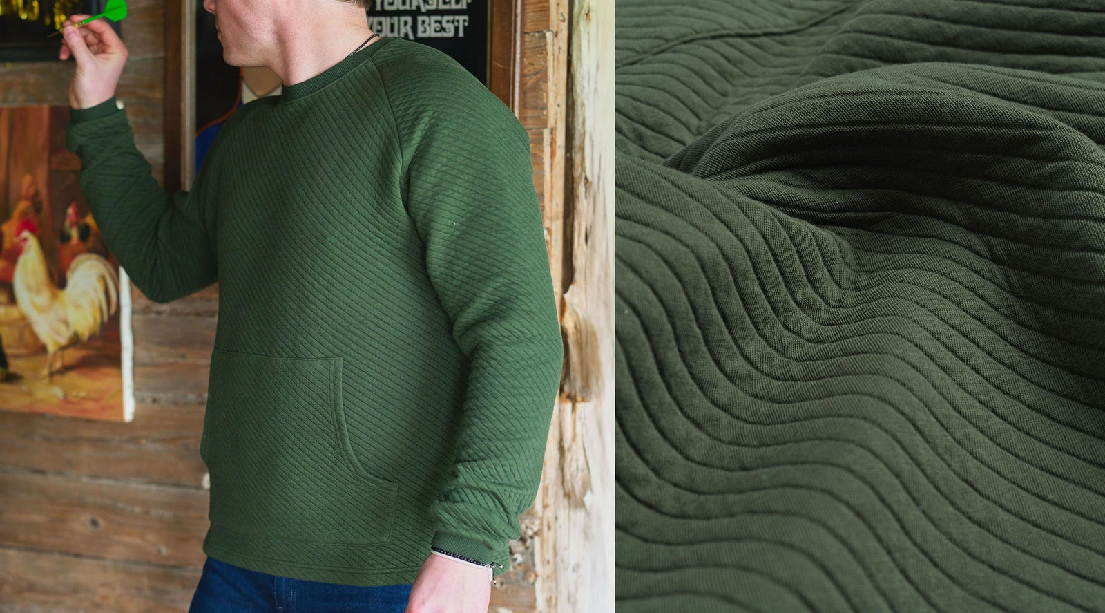 Side view of olive green diamond-knit crewneck on model with diagonal quilted texture and front pouch pocket