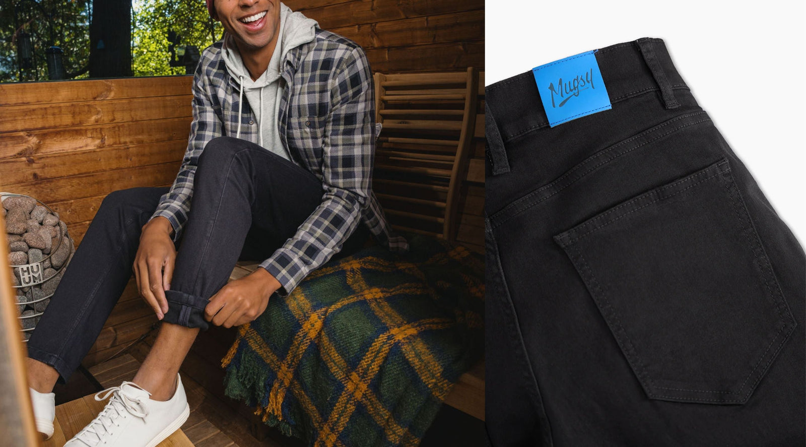 Front three-quarter view of dark wash jeans showcasing slim fit and cuffed hem with cabin setting and a close-up of the back pocket
