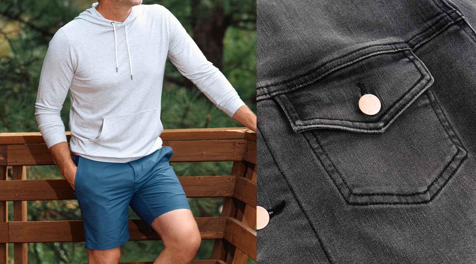 Man in light gray hoodie and blue shorts leaning on deck beside close up of black denim jacket pocket with copper button