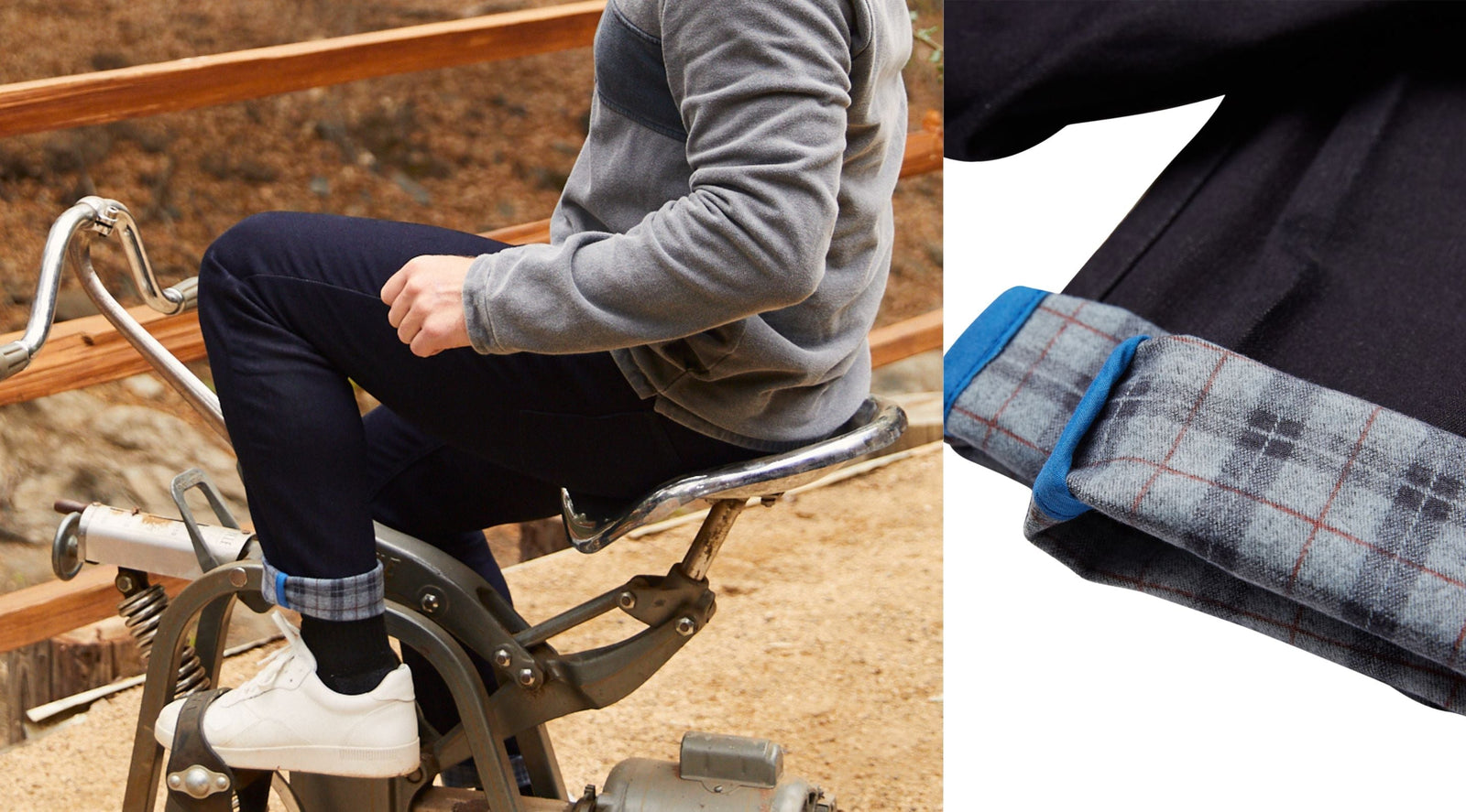 Side view of flannel-lined jeans cuffed to show grey plaid lining with blue trim, model seated on outdoor bike