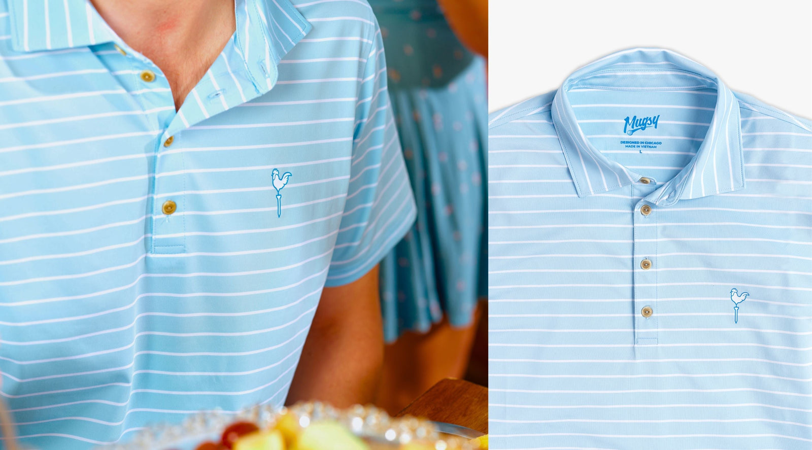 Light-blue striped polo with small rooster logo; collar label reads Mugsy DESIGNED IN CHICAGO MADE IN VIETNAM