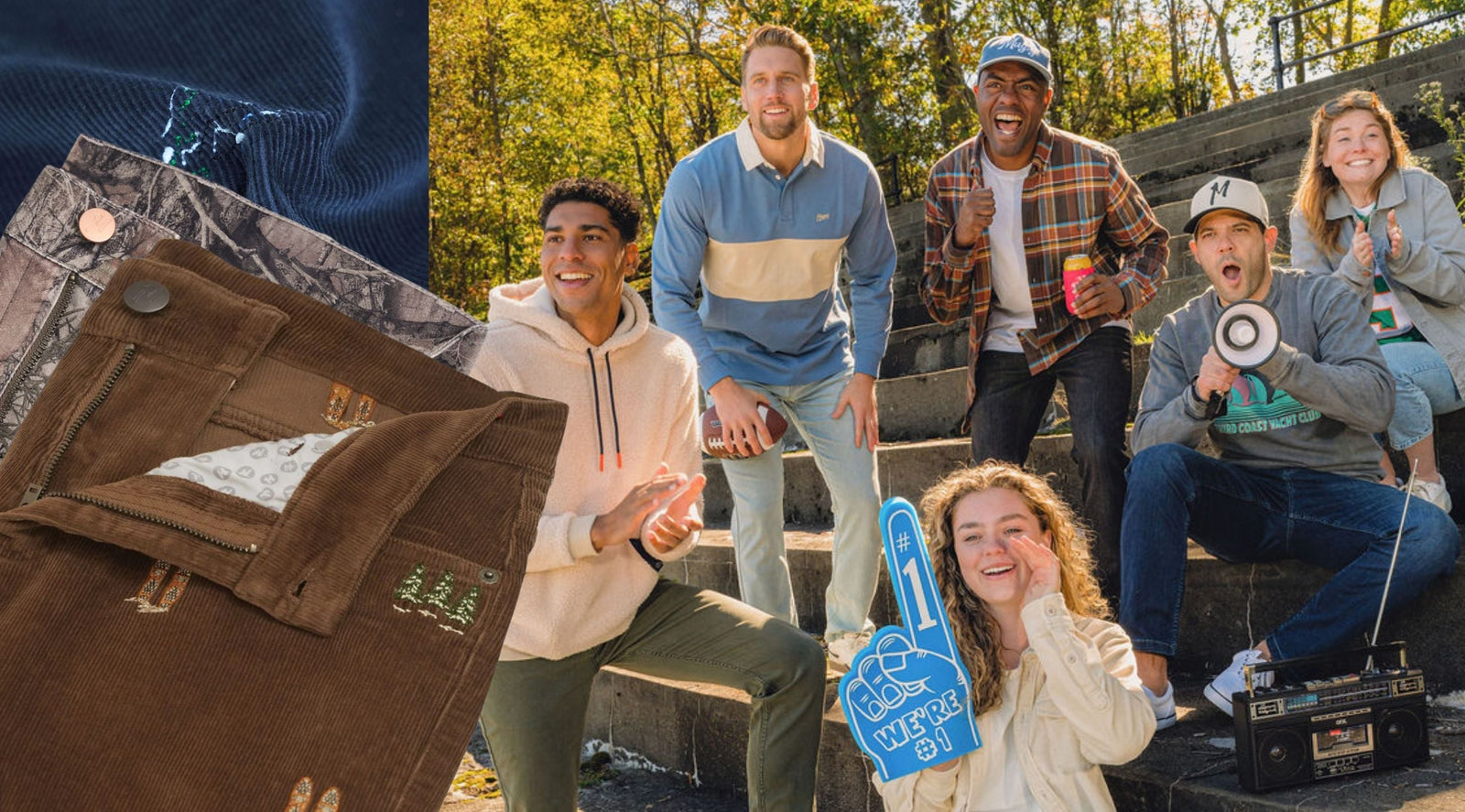 Three men sitting on a bench eating snacks, and a close-up of light blue jeans with a blue label that reads 'Mugsy'.