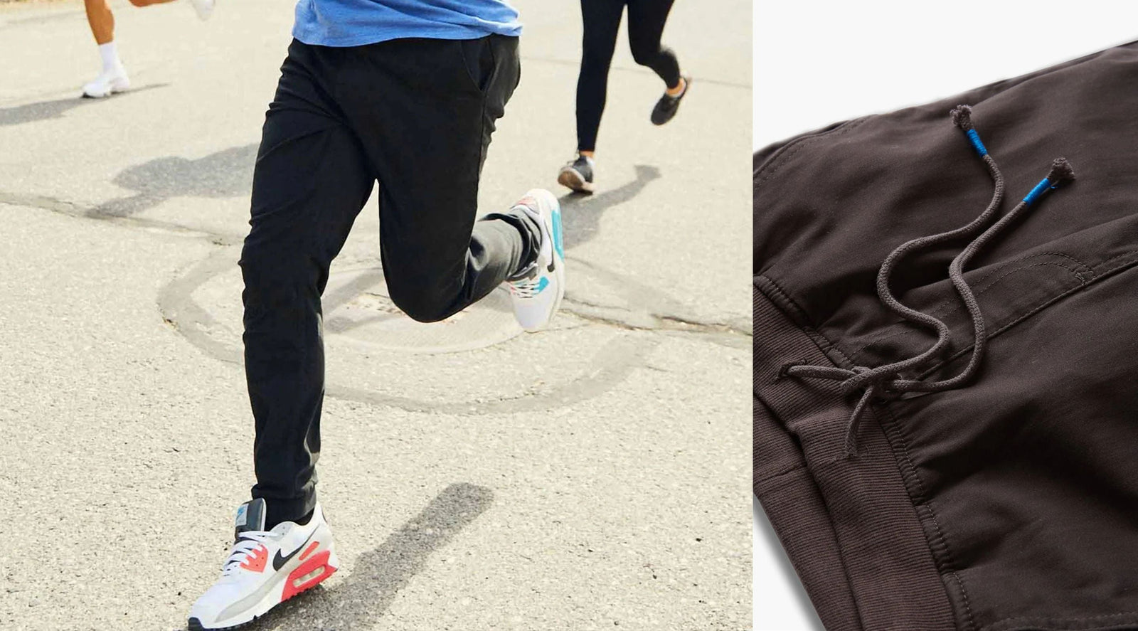Side view of Classic Joggers worn while running, showing tapered leg and ankle cuff plus close-up of drawstring waistband