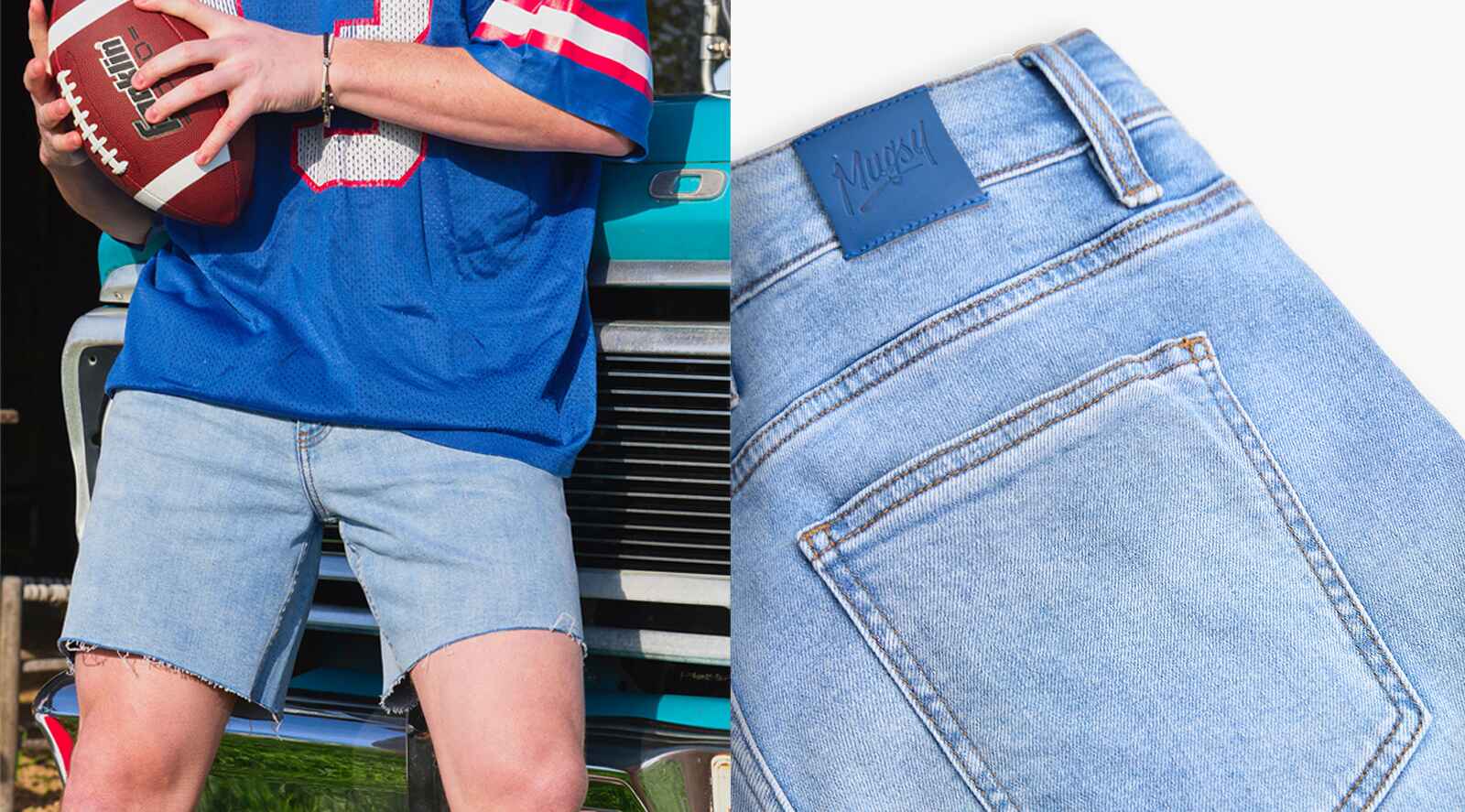 Back view of person in black denim cut-off shorts by a roadside guardrail; inset close-up of jean pocket with blue patch 'Mugs!!'