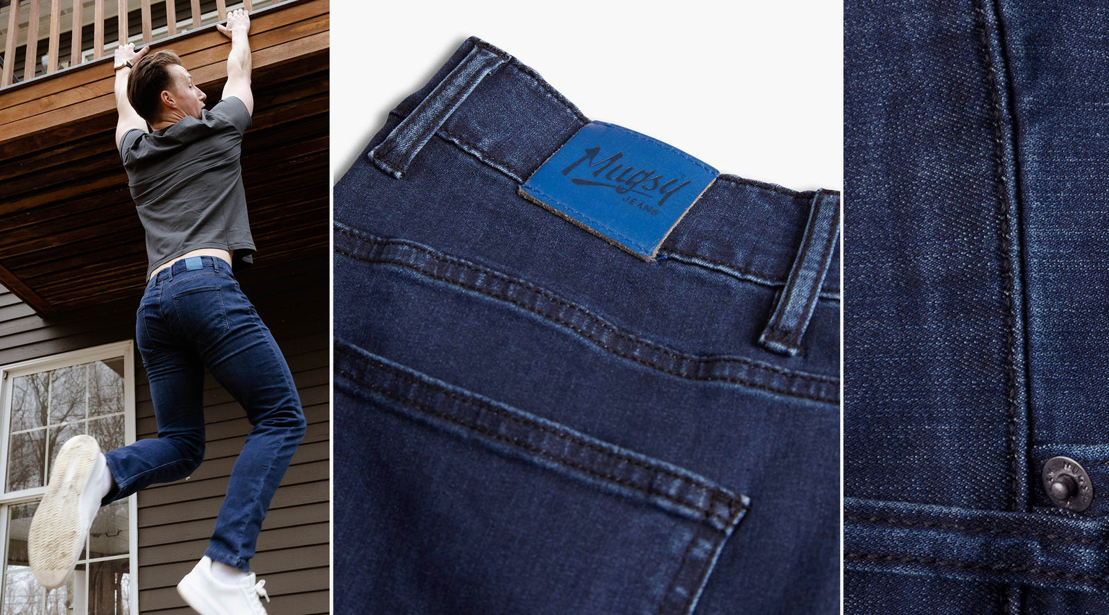 Man climbing a wooden structure wearing dark blue jeans and white sneakers; close-up of dark blue jeans with a blue label reading 'Mupsy Jeans' and detailed stitching and button.