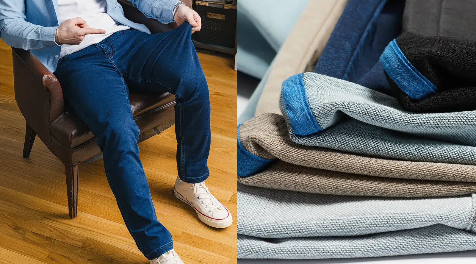 Person rolling cuff of dark knit jeans while wearing white sneakers labeled GGDB; stacked knit fabric swatches at right.