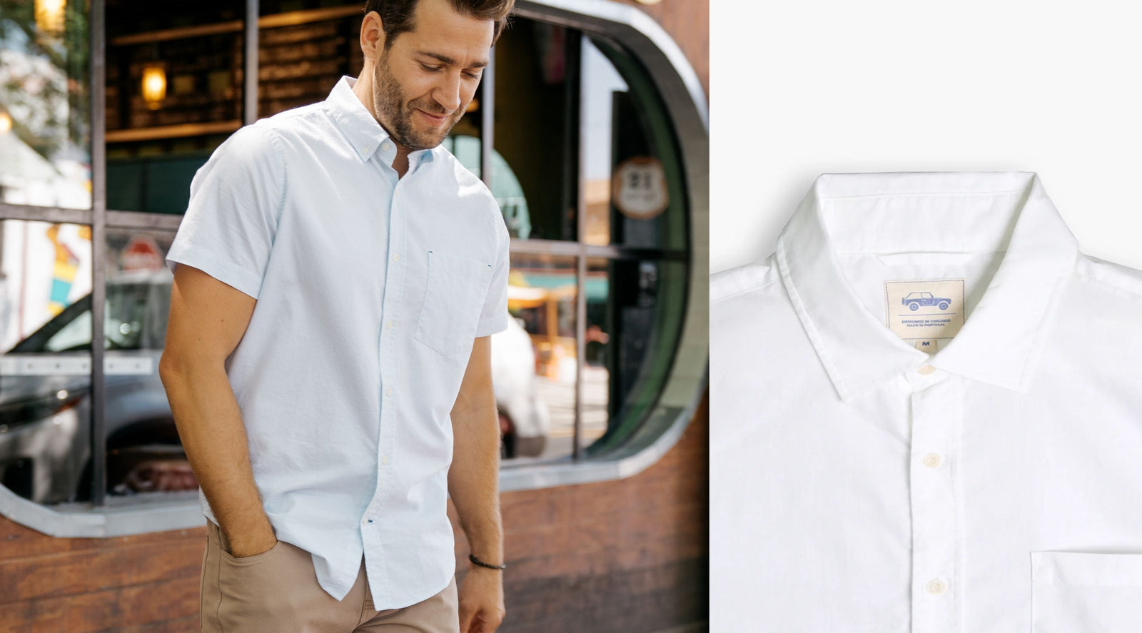 Light blue short-sleeve linen button-down on a man; flat-lay collar with tag reading DESIGNED IN CHICAGO MADE IN PORTUGAL M