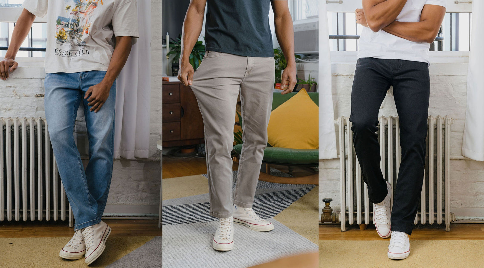 Front view of three men's jeans (light wash, taupe, black) on models showing fit and stretch in a casual living room