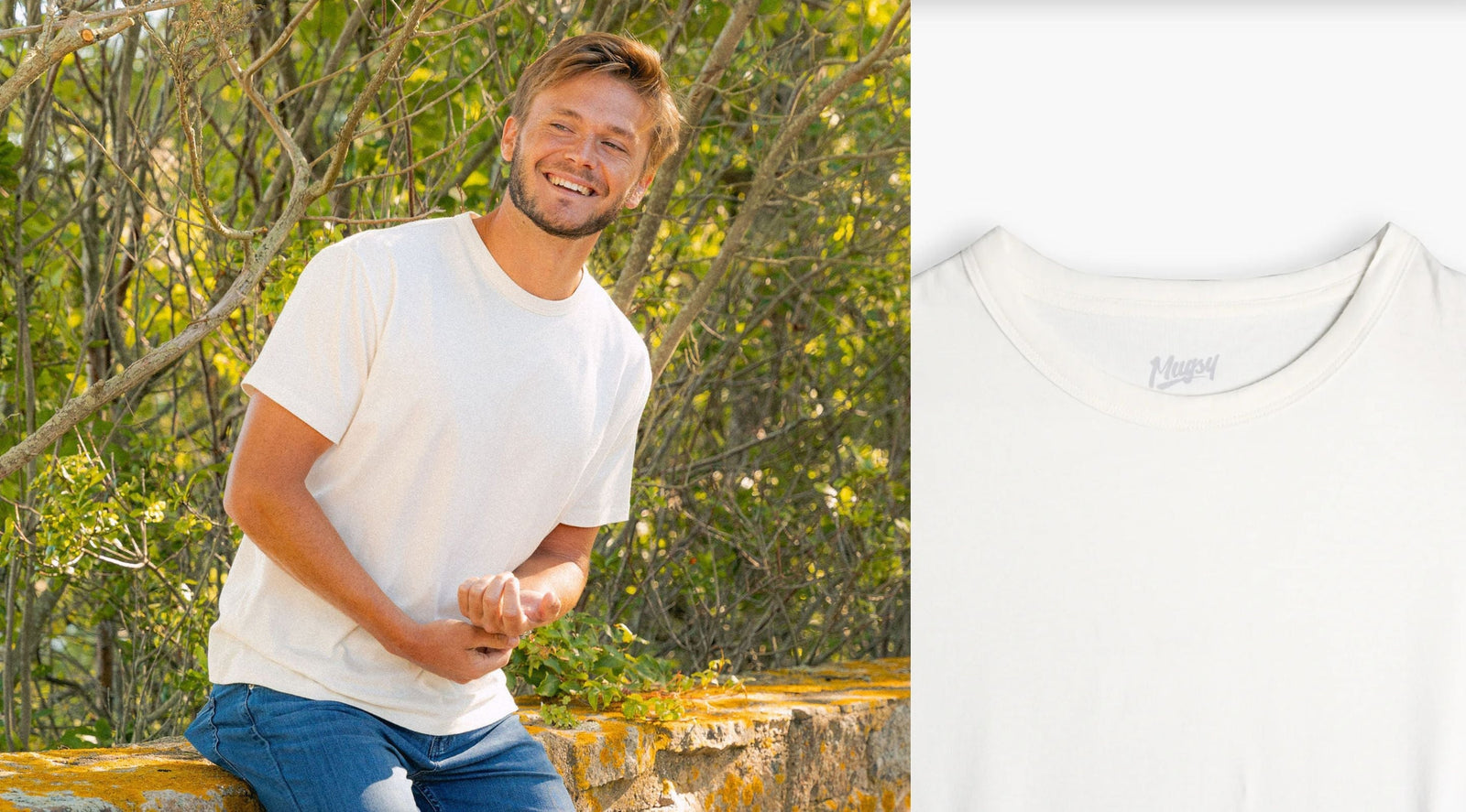 Smiling man in white T-shirt seated on a stone wall in woods; inset close-up of neckline showing Mugsy inside collar.