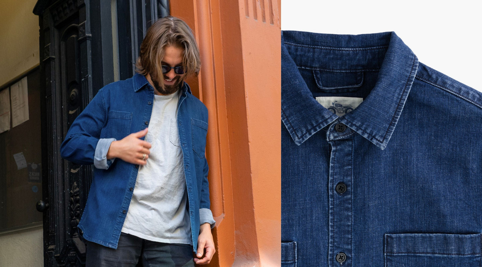Two denim shirts side by side: on the left, a button-up denim shirt with two chest pockets and rolled cuffs; on the right, a denim pullover shirt with a partial button placket and rolled cuffs.