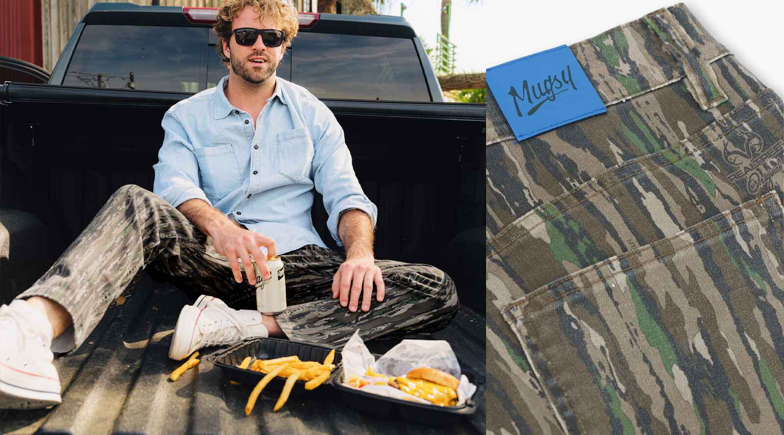 Split view of Realtree Edge jeans showing seated model stretching fabric and close-up of back pocket with blue Mugsy patch