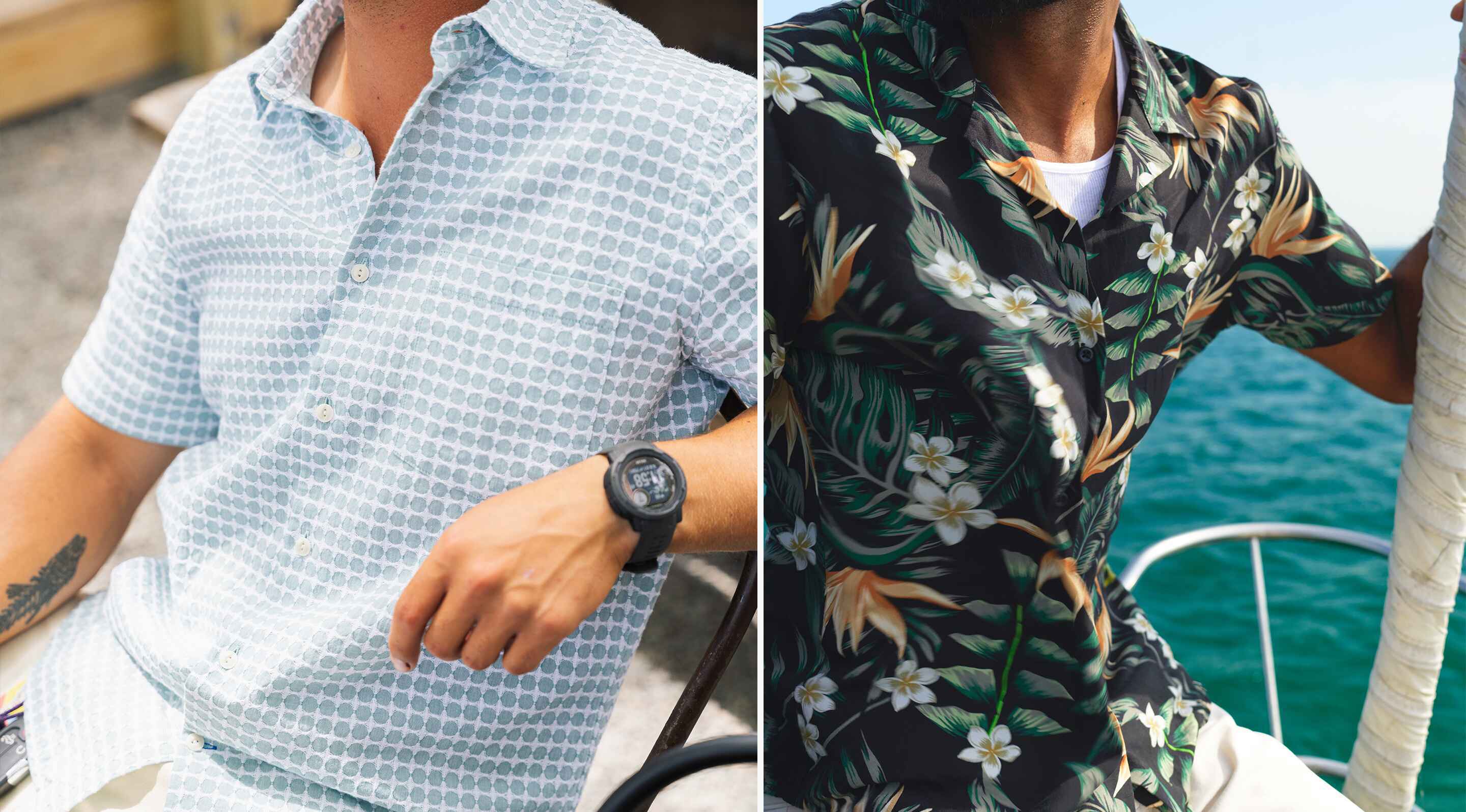 Two men wearing patterned resort-style shirts, one light blue with circles and one black with floral print, seated outdoors.