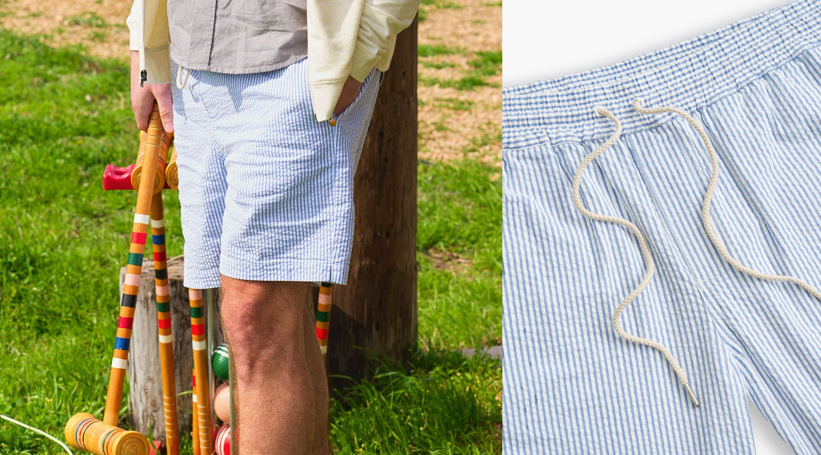 Front view of seersucker shorts with blue-and-white stripes and rope drawstring, on model outdoors and flat-lay close-up