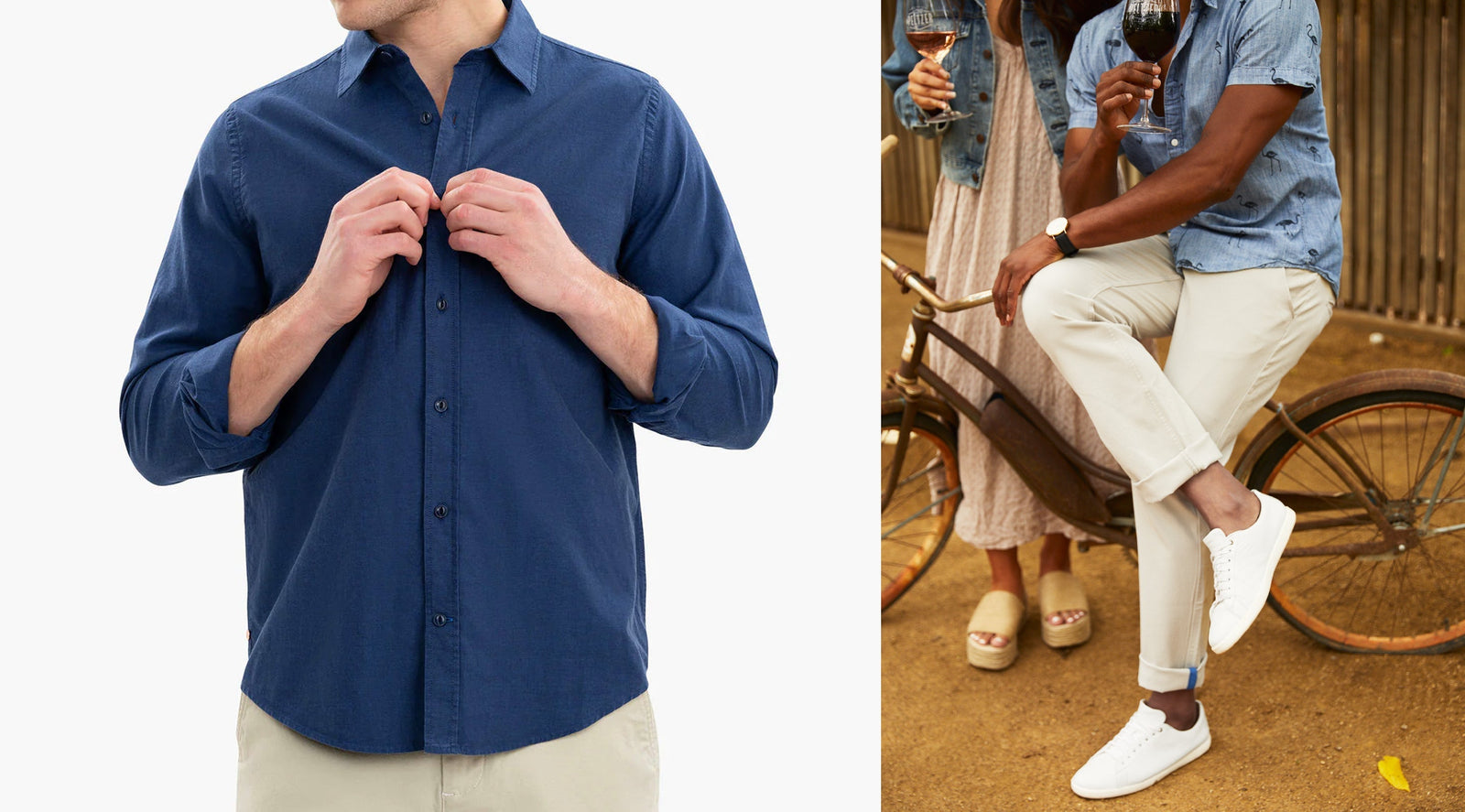 Man buttoning a blue shirt; couple holding wine glasses by a bicycle outdoors