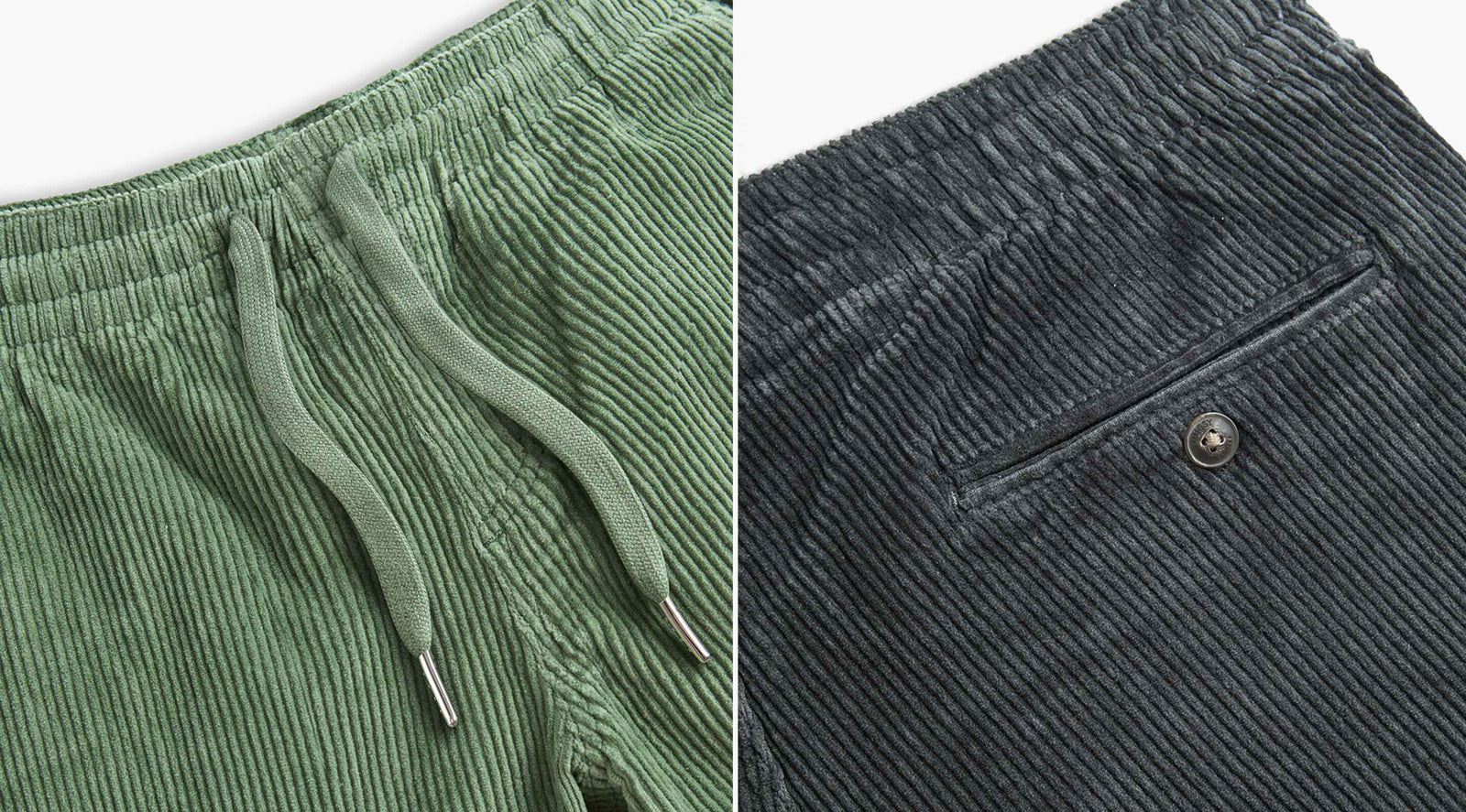 Split close-up of Corduroy Easy Shorts showing green drawstring waistband and charcoal back welt pocket with button on white background