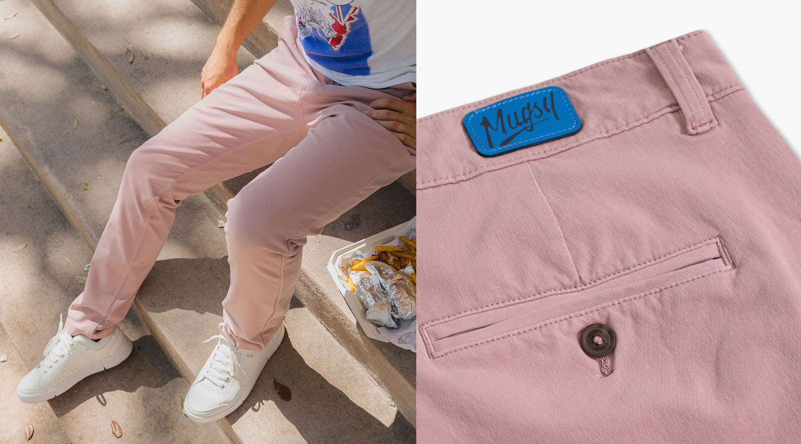 Split view of pale pink spring chinos showing model wearing slim on steps and close-up of back pocket with blue Mugsy patch