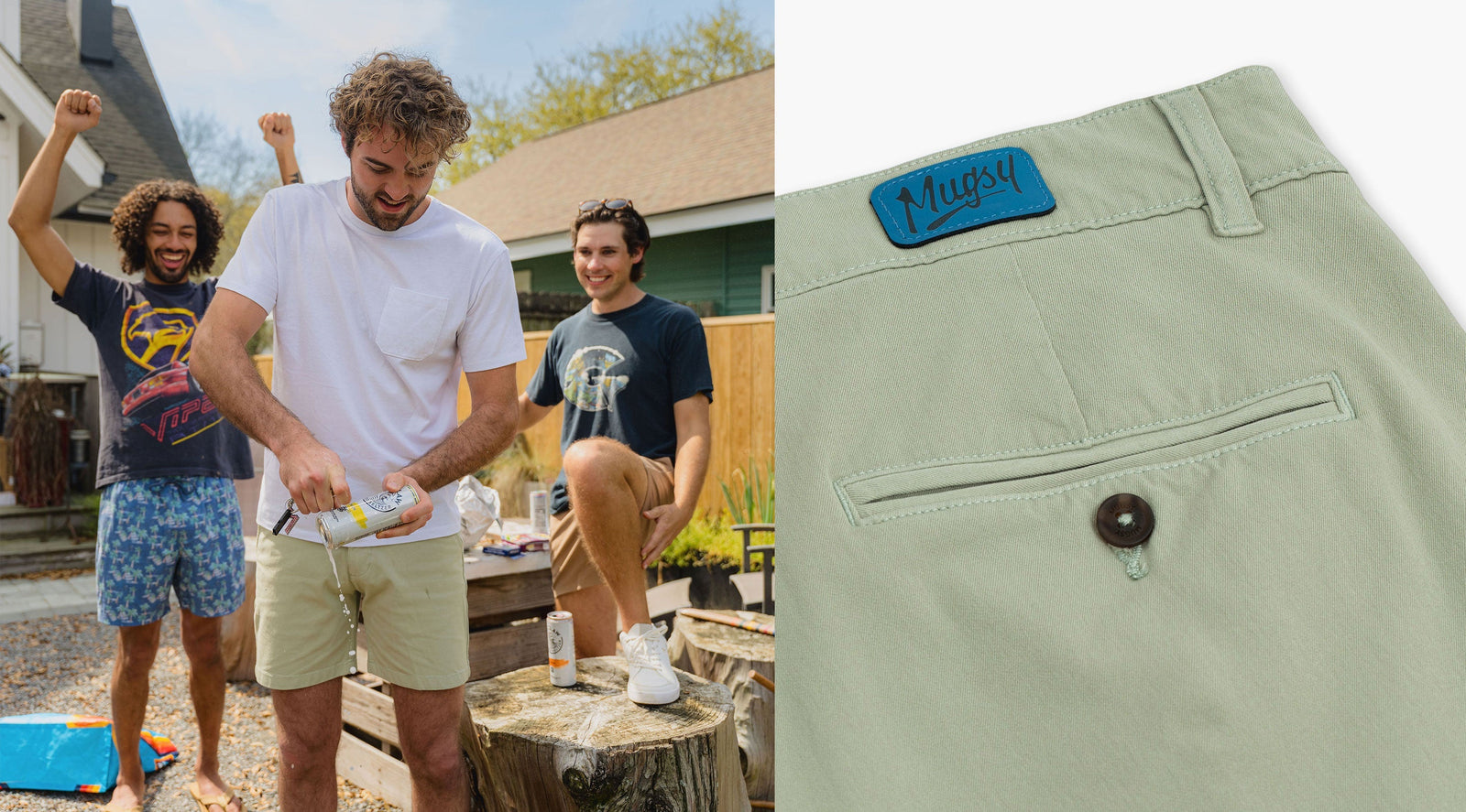 Front view of Spring Chino Shorts in sage green on a model showing relaxed fit, plus close-up of back pocket and Mugsy label