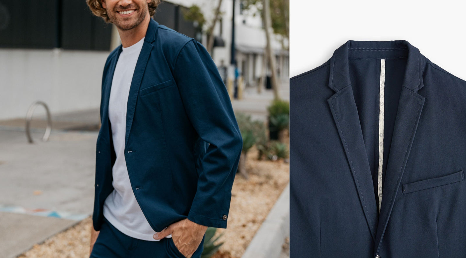 Navy men's unstructured blazer: model wearing it with white tee (left) and close-up flatlay of lapel and chest pocket (right).