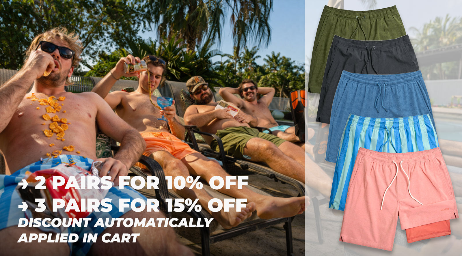 Promotional banner showing 2 for 10 percent off and 3 for 15 percent off, stacked swim shorts next to men at a pool