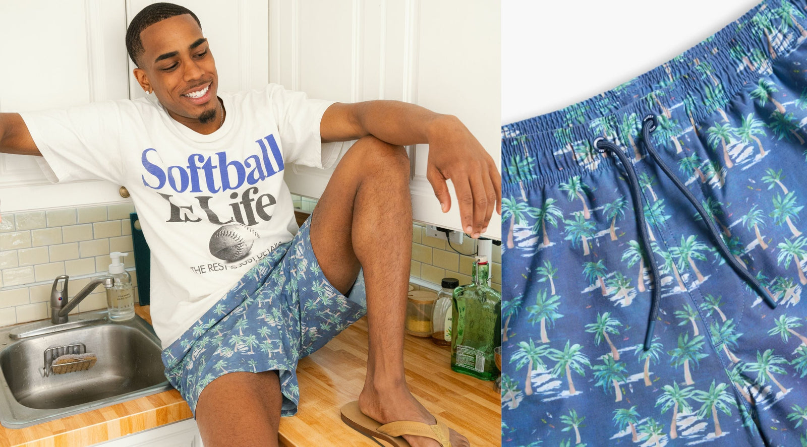 Men's blue palm-tree swim shorts with navy drawstring; shown on model wearing white T-shirt reading 'Softball Is Life'.