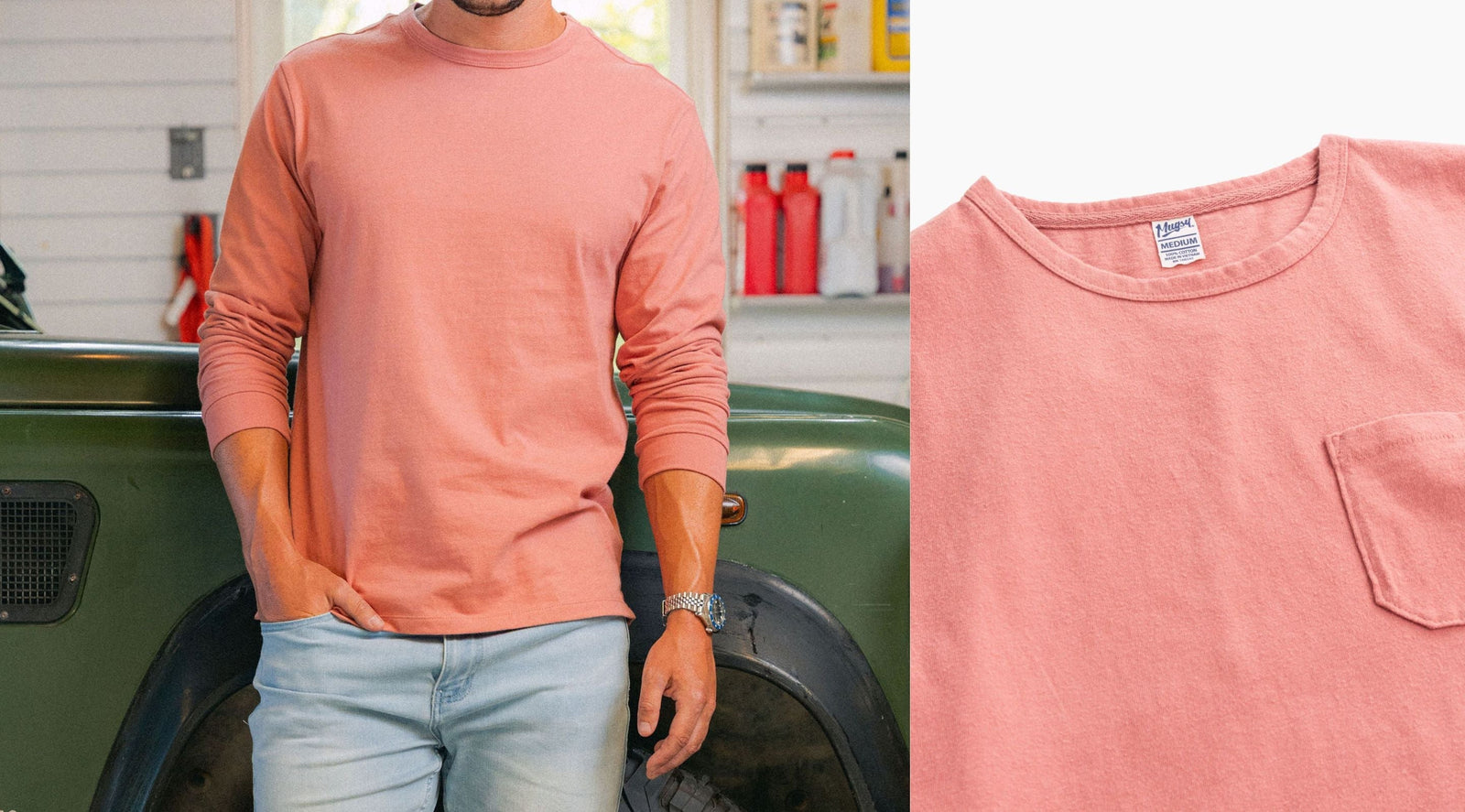 Salmon long-sleeve crewneck shirt on model leaning against green vehicle; flatlay shows pocket and tag reading Medium