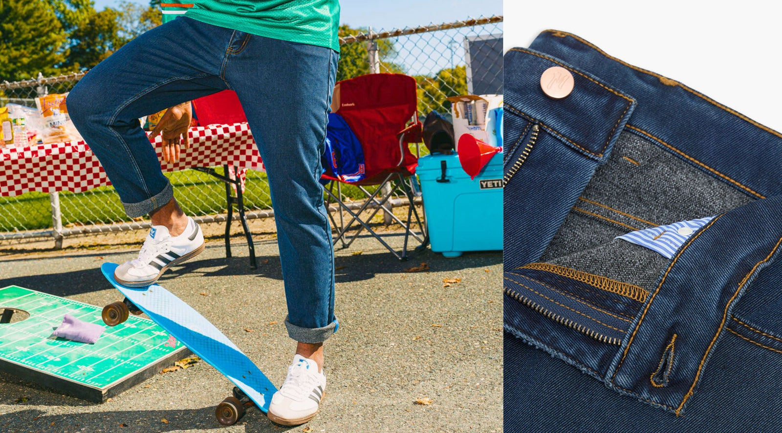 Rolled-cuff ThermoStretch jeans worn skateboarding; inset close-up of waistband, zipper and striped pocket lining. YETI
