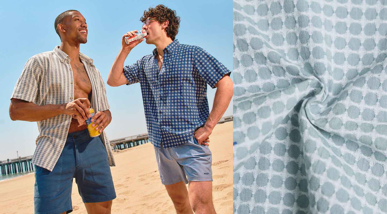 Smiling man in teal patterned short-sleeve button-up at a picnic table; matching fabric swatch shown at right.