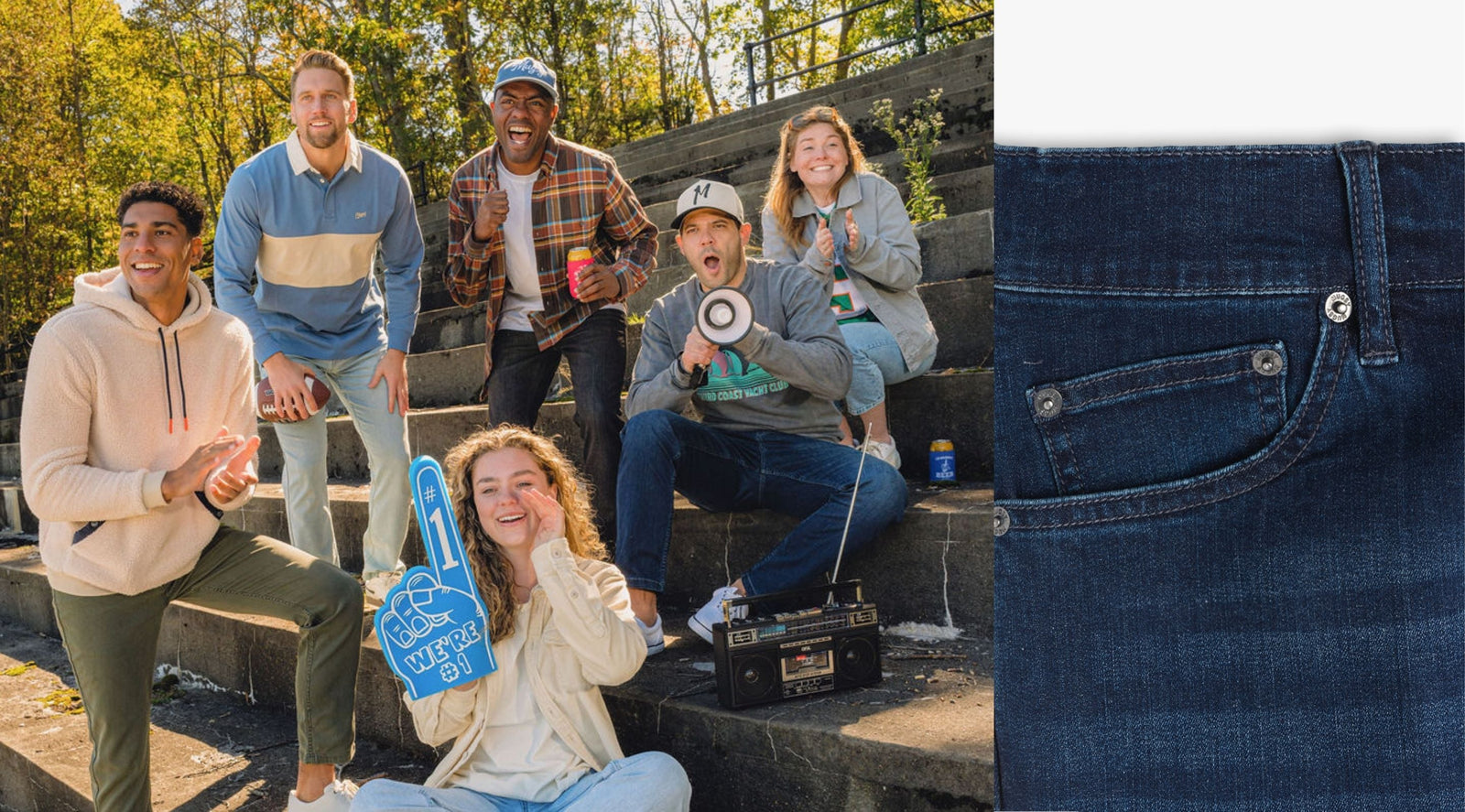 Three men sitting on a stone wall by water, eating snacks and drinking on a sunny day