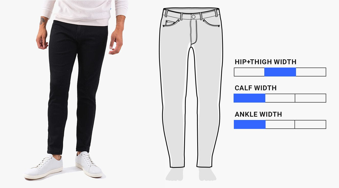 Man wearing slim tapered fit black pants and white sneakers, next to a diagram showing hip+thigh width, calf width, and ankle width with blue bars.