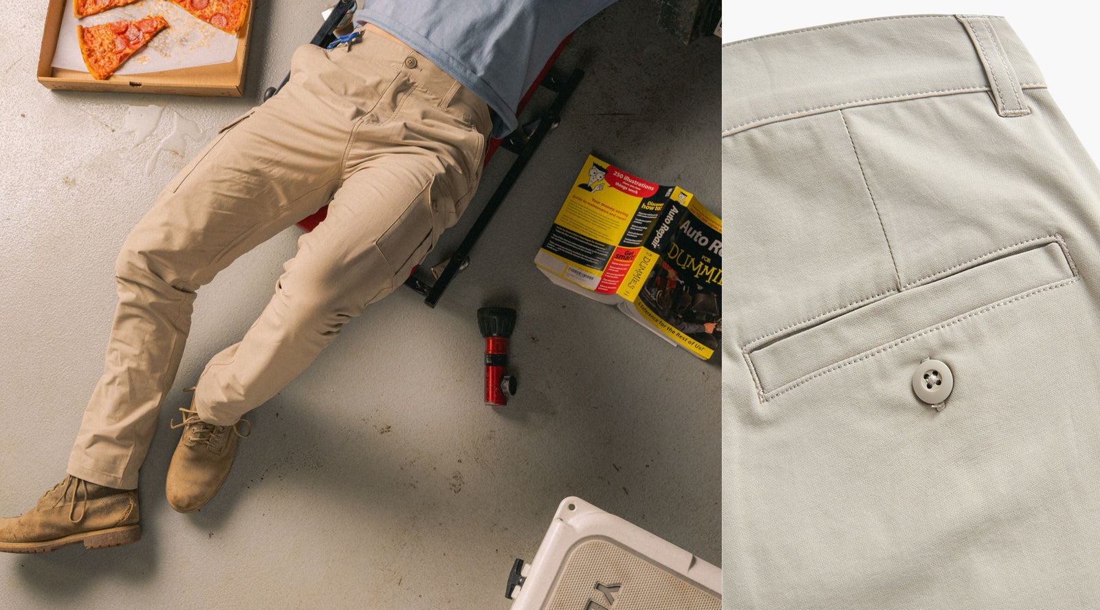 Angled full-length view of beige cargo pants showcasing side cargo pockets and rear welt pocket with button on garage floor