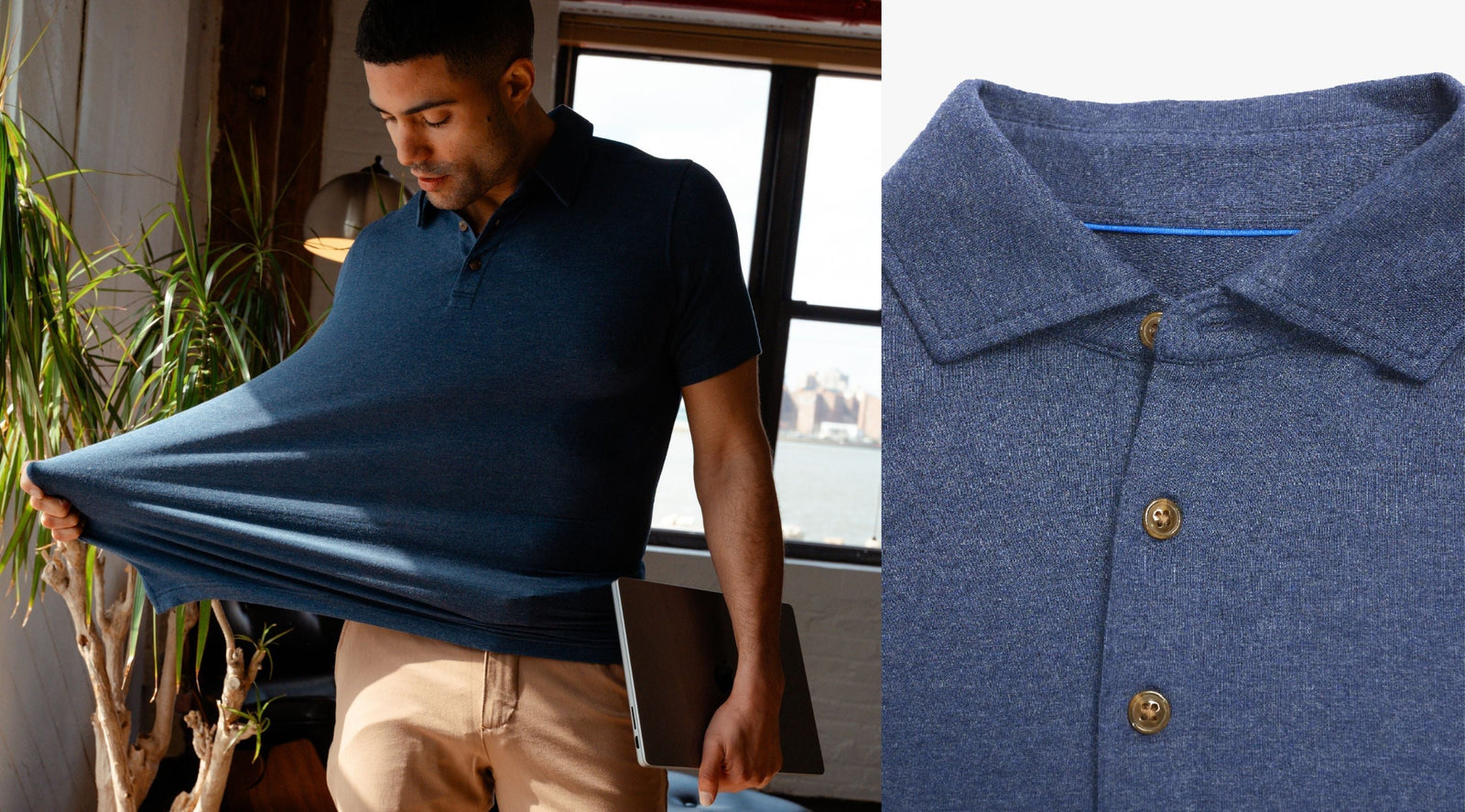 Front view of blue Cashtech polo on model stretching the fabric to show stretch, plus close-up of the collar and buttons