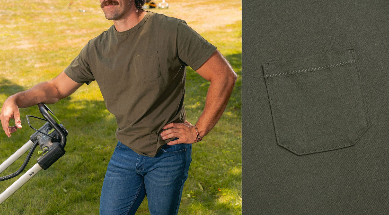 Front view of men's olive-green classic pocket tee showcasing chest pocket and relaxed fit on a model standing by a lawn mower