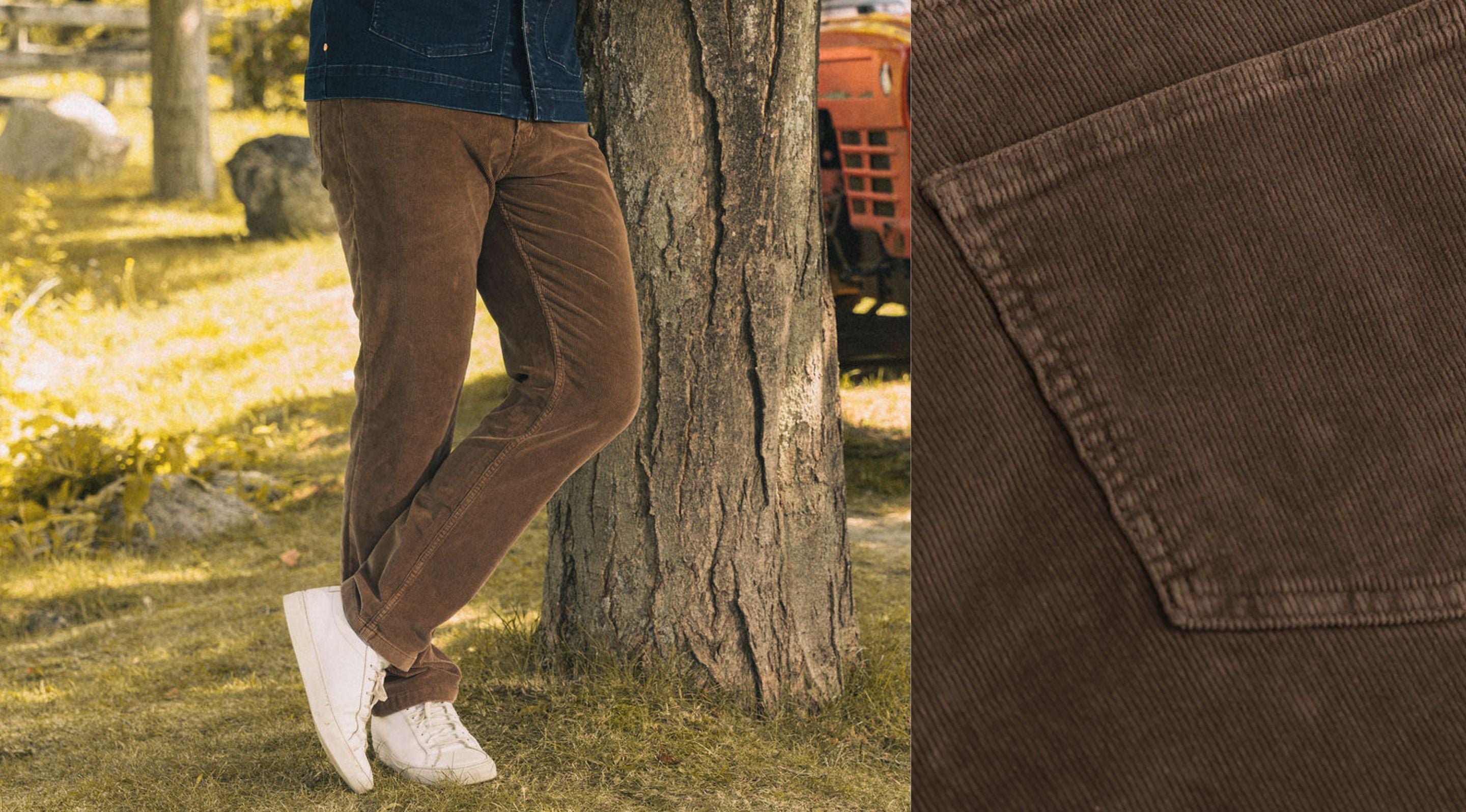 Close-up of brown corduroy pants showing waistband, belt loops, button with logo, and front pockets stitching.