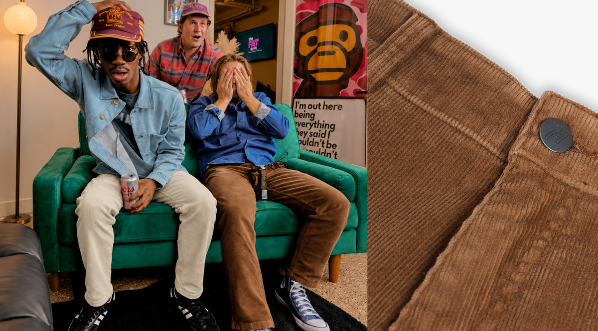 Close-up of brown corduroy pants showing waistband, belt loops, button with logo, and front pockets stitching.
