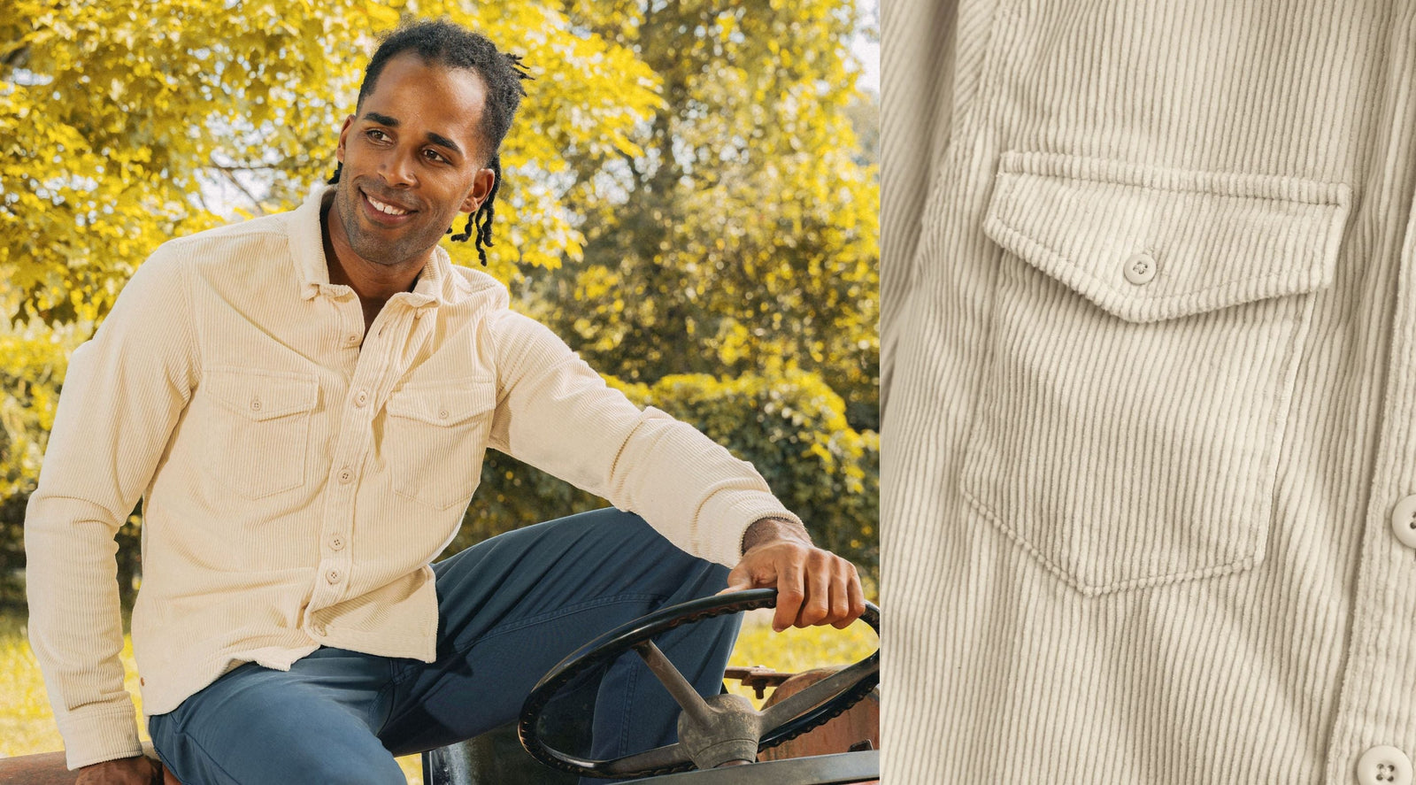 Front view of cream corduroy button-down on a seated model showing chest flap pockets and ribbed texture